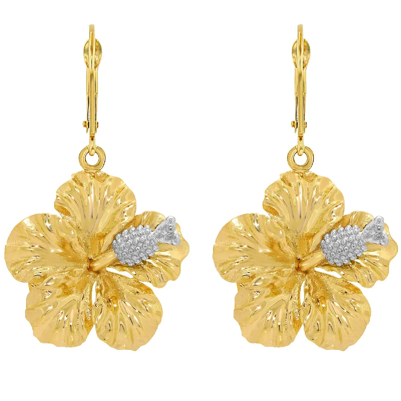 Drop Earrings for Anniversary -14k Solid Gold Hibiscus Charm Textured Flower Earrings with Leverback - Two-Tone Gold