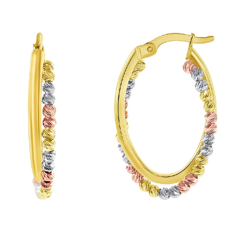 Bohemian Drop Earrings with Tassels -14k Tri-Color Gold Oval Beaded Twist Double Hoop Earrings with Hinged Snap Back (26 x 17mm)