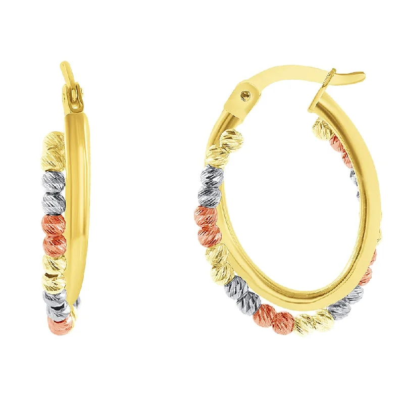 Vintage Drop Earrings with Patina -14k Tri-Color Gold Oval Beaded Twist Double Hoop Earrings with Hinged Snap Back