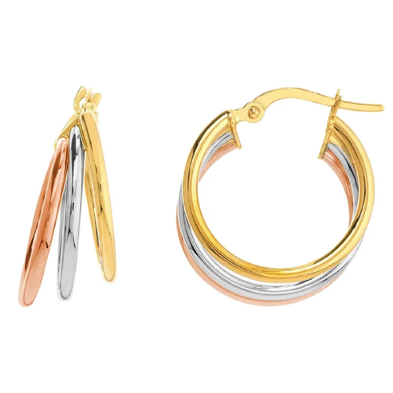 Drop Earrings with Leaf Motifs -14k Tri-Color Gold Triple Hoop Ring Earrings with Latch Back