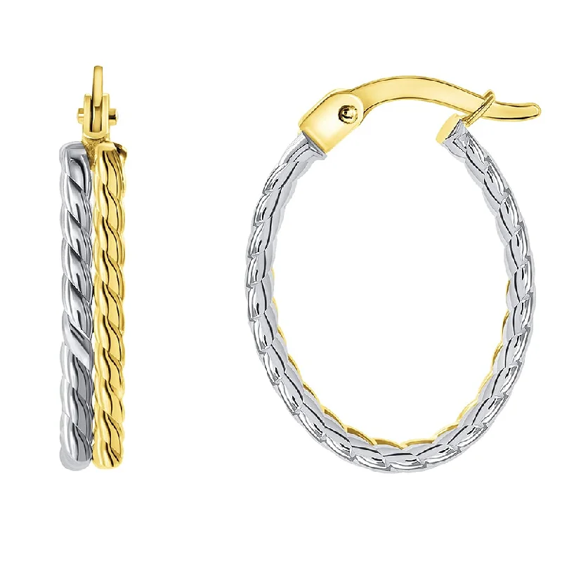 Contemporary Drop Earrings for Fashion -14k Two-Tone Gold Rope-Style Oval Double Hoop Earrings with Hinged Snap Back