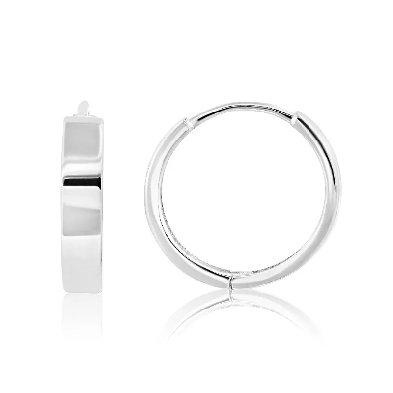 Indian Stud Earrings with Intricacy -14K White Gold 12mm Flat Style Huggie Hoop Earrings with Hidden Post Hinged Closure