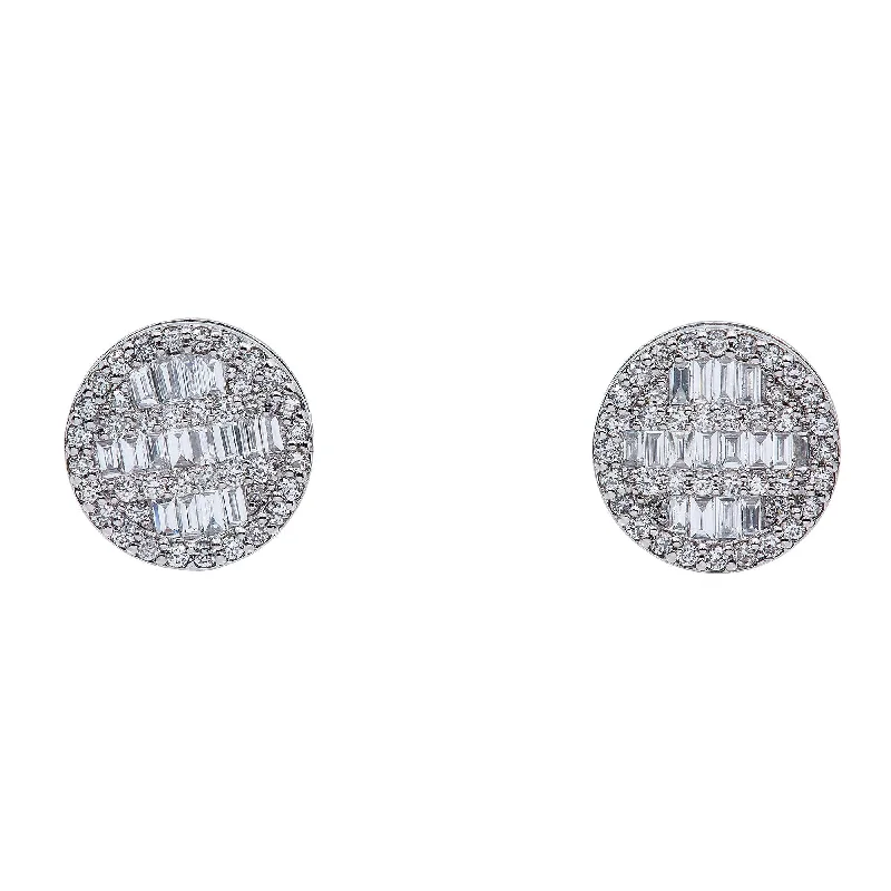 Drop Earrings with Debossed Designs -14K White Gold Ladies Earrings with 0.73 Baguette CT Diamond