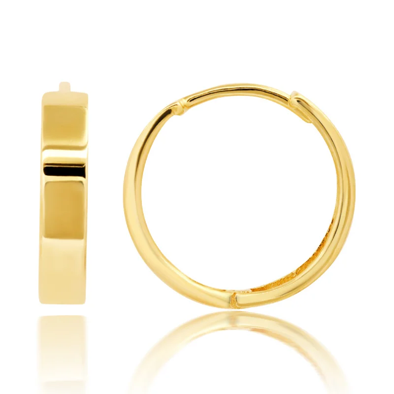 Magnetic Closure Stud Earrings for Easy -14K Yellow Gold 14mm Flat Style Huggie Hoop Earrings with Hidden Post Hinged Closure