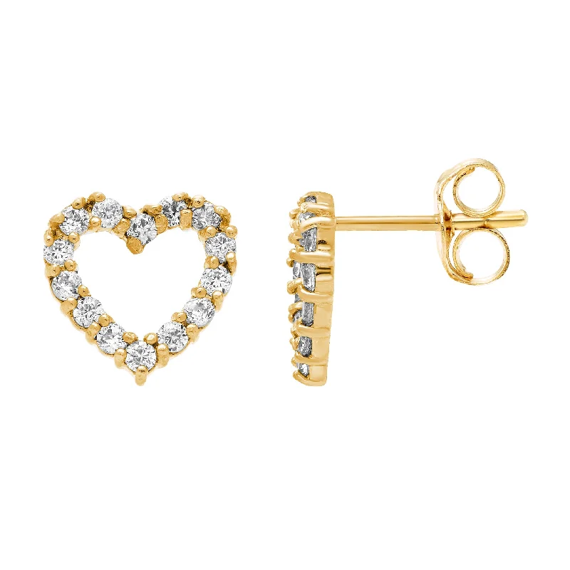 Stud Earrings for Casual Outfit -14k Yellow Gold 8mm CZ Open Heart Stud Earrings, with Pushback, Women’s, Unisex