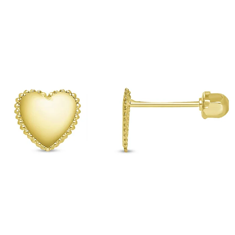 Oval Drop Earrings for Grace -14k Yellow Gold Beaded Heart Stud Love Earrings with Screw Back