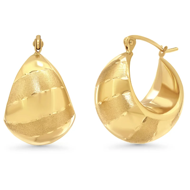 Drop Earrings for Valentine's Day -14k Yellow Gold Bold Dome Hoop Earrings with Latch Back - High Polished and Satin Finish