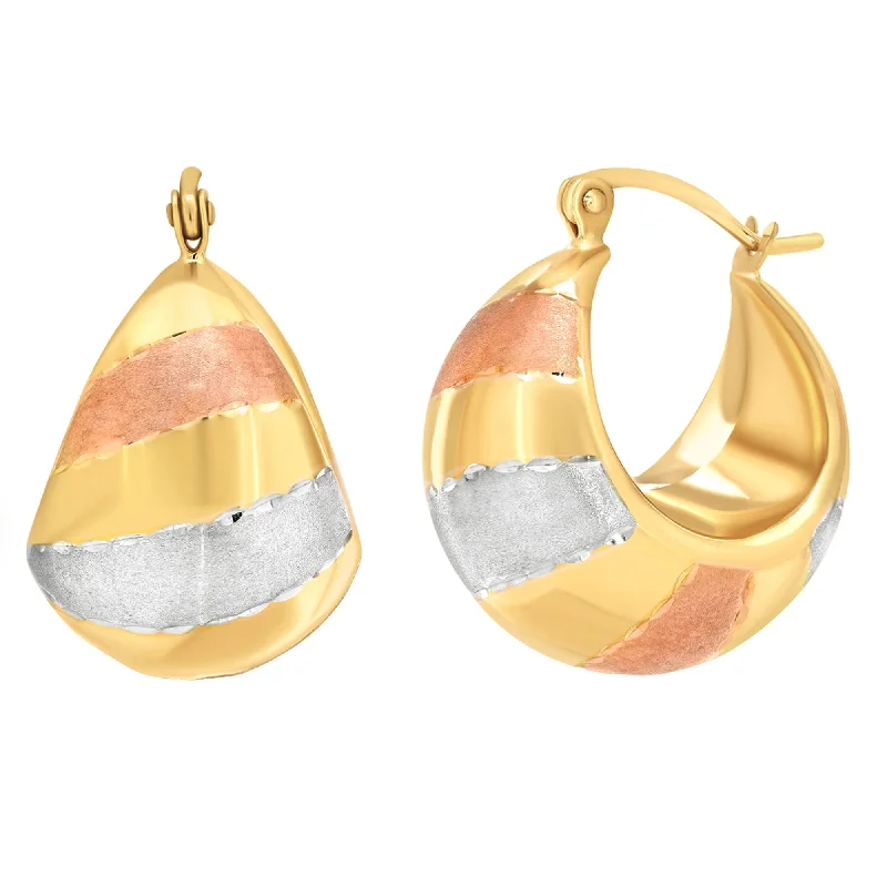 Drop Earrings for Christmas Party -14k Yellow Gold Bold Dome Hoop Earrings with Latch Back - Tri-Tone