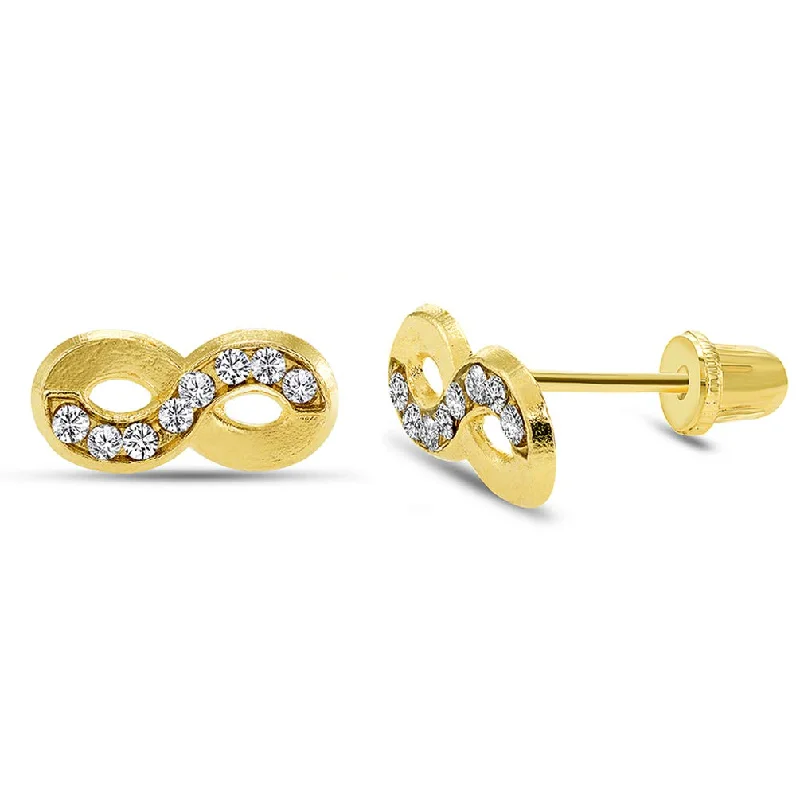 Small Drop Earrings for Delicate -14k Yellow Gold CZ Infinity Stud Love Earrings with Screw Back