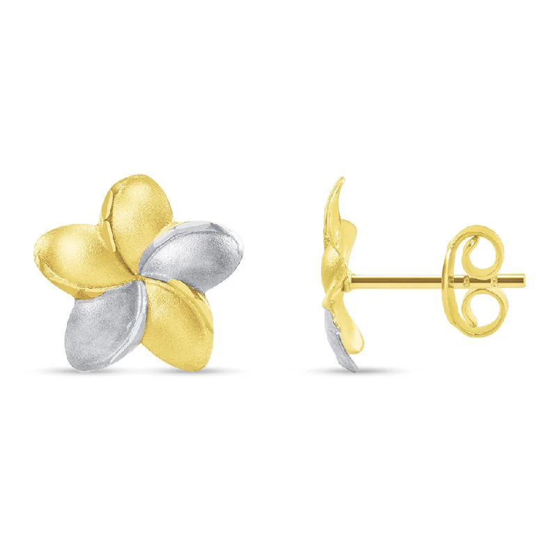 African Drop Earrings with Culture -14k Yellow Gold Hawaiian Flower Plumeria Stud Two-Tone Earrings with Screw Back, 10.5mm x 10.5mm