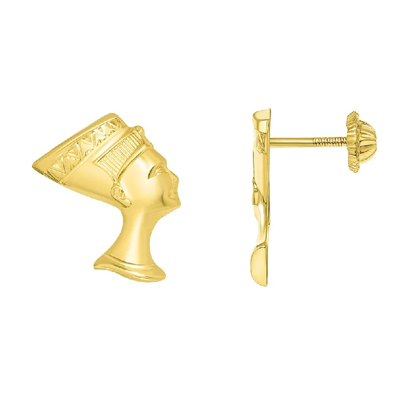 Triangular Drop Earrings for Edge -14k Yellow Gold Head of Egyptian Queen Nefertiti Studs Earrings with Closed Safety Screw Back