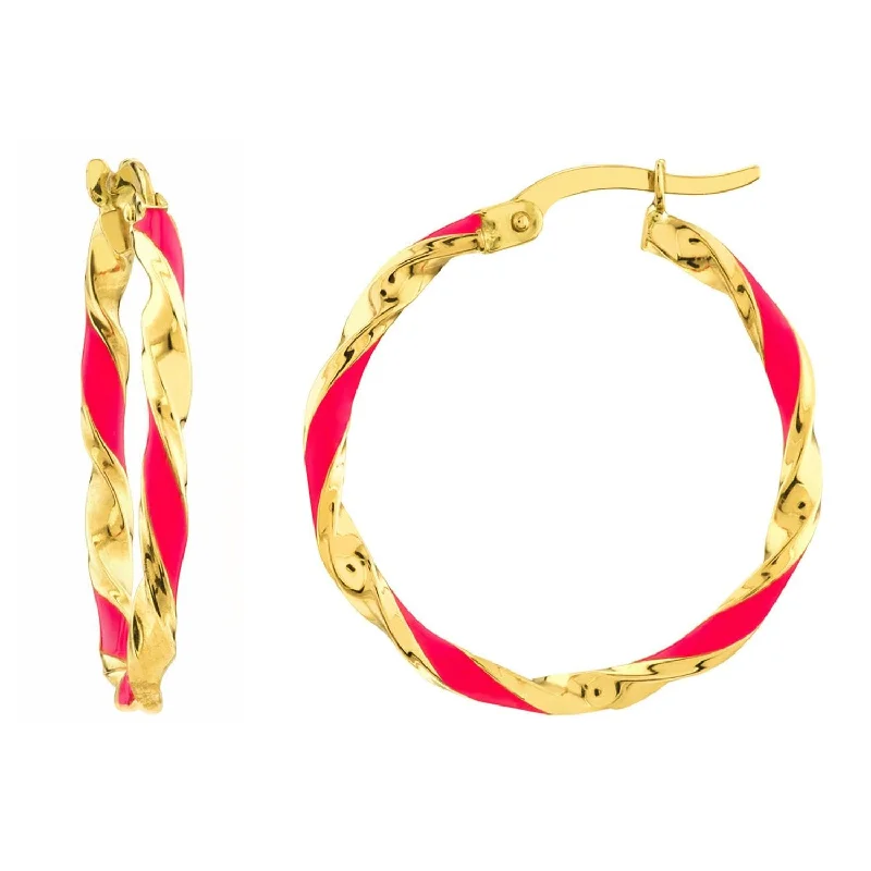 Drop Earrings with Crown Designs -14k Yellow Gold Pink Striped Twist Hoop Earrings with Latch Back, 1 Inch