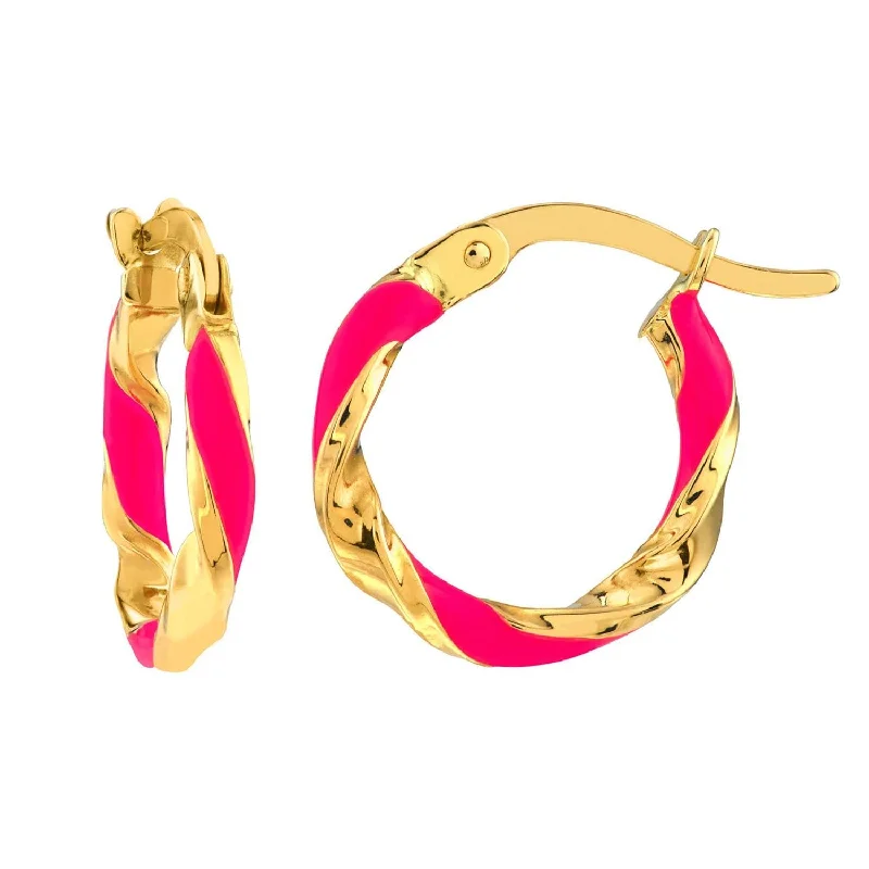 Drop Earrings with Vine Designs -14k Yellow Gold Pink Striped Twisted Hoop Earrings with Latch Back