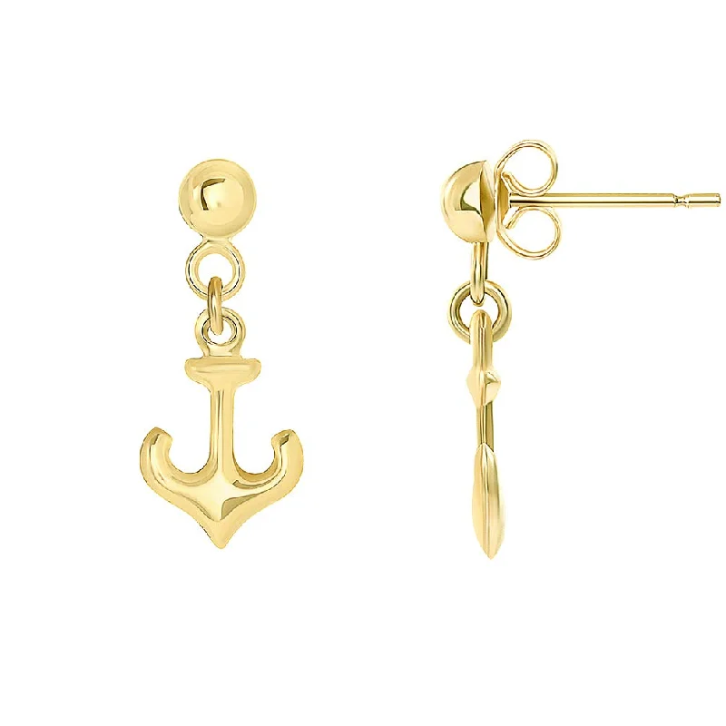 Drop Earrings with Chevron Designs -14k Yellow Gold Polished Navy Anchor Dangle Studs Earrings with Friction Back