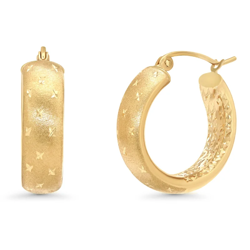 Drop Earrings for Prom Night -14k Yellow Gold Polished Satin and Textured Hoop Earrings with Latch Back - Diamond-Cut