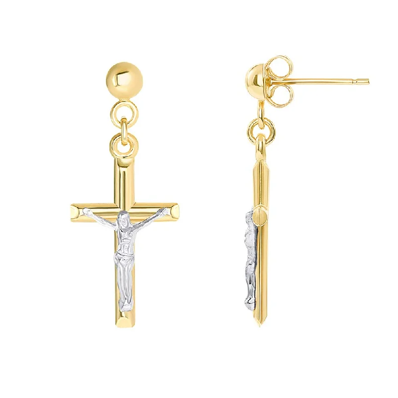 Drop Earrings with Knot Designs -14k Yellow Gold Religious Crucifix Two-Tone Cross Dangle Studs Earrings with Friction Back