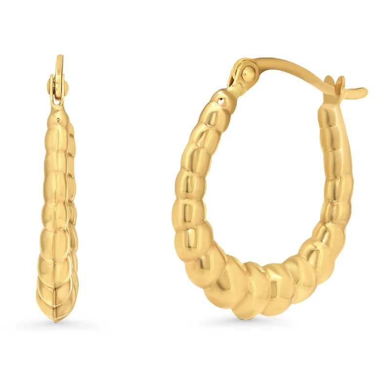 Drop Earrings for Bridesmaids Look -14k Yellow Gold Ribbed Oval Hoop Earrings with Latch Back - Small