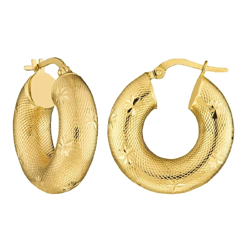 Drop Earrings with Abstract Designs -14k Yellow Gold Round Textured D/C Hoop Earrings with Latch Back, 7mm Wide