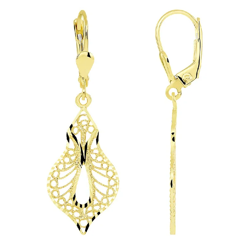 Gold Drop Earrings for Women -14k Yellow Gold Textured Boho-Chic Elegant Filigree Dangle Earrings with Lever Back