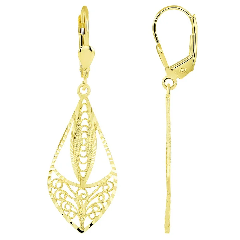 Silver Drop Earrings for Men -14k Yellow Gold Textured Boho-Chic Filigree Dangle Earrings with Lever Back