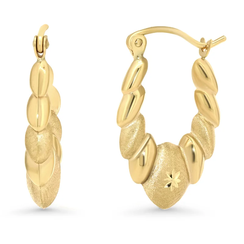 Drop Earrings with Debossed Designs -14k Yellow Gold Textured Shrimp Scalloped Hoops Door Knocker Earrings with Latch Back