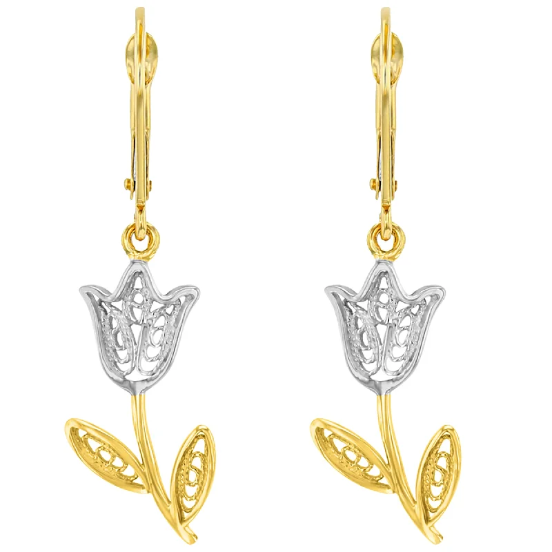 Drop Earrings for Gym Workout -14k Yellow Gold Tulip Flower Earrings with Leverback