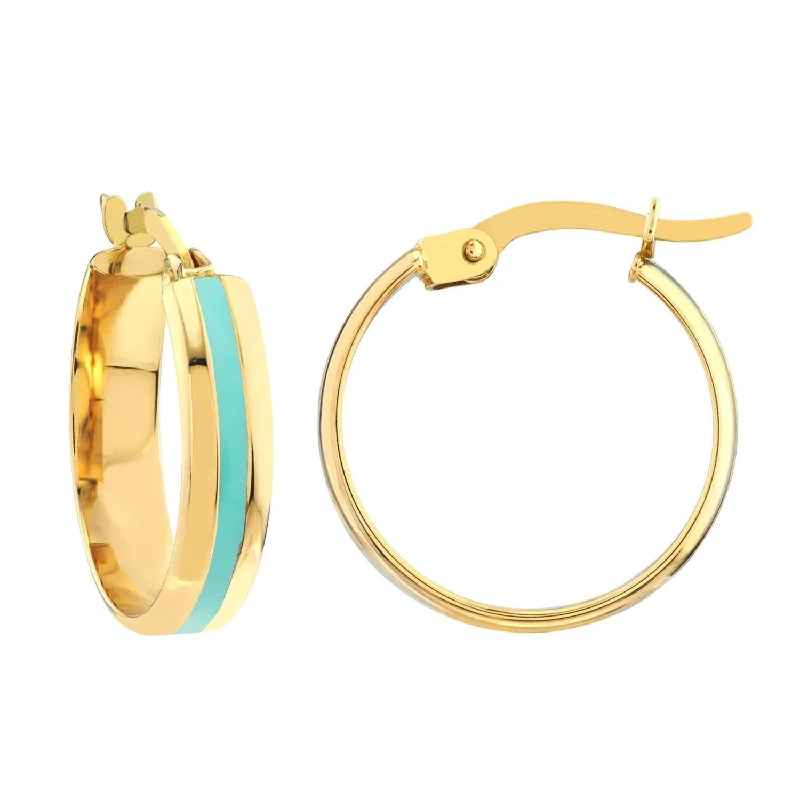 Drop Earrings with Keyhole Designs -14k Yellow Gold Turquoise Blue Enamel Hoop Earrings with Latch Back