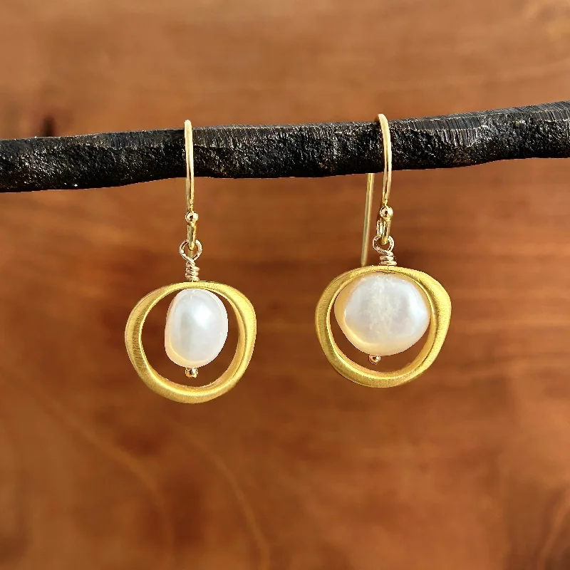 Drop Earrings for Prom Night -Organic Circle with Large Pearl Earrings