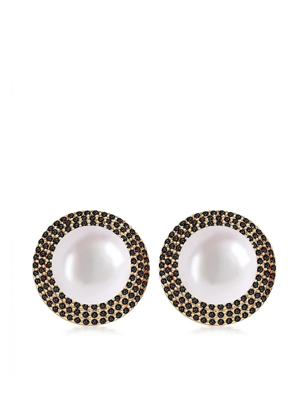 Stud Earrings with Pearls and Diamonds -18K Gold Pearl Black Embellished Stud Earrings