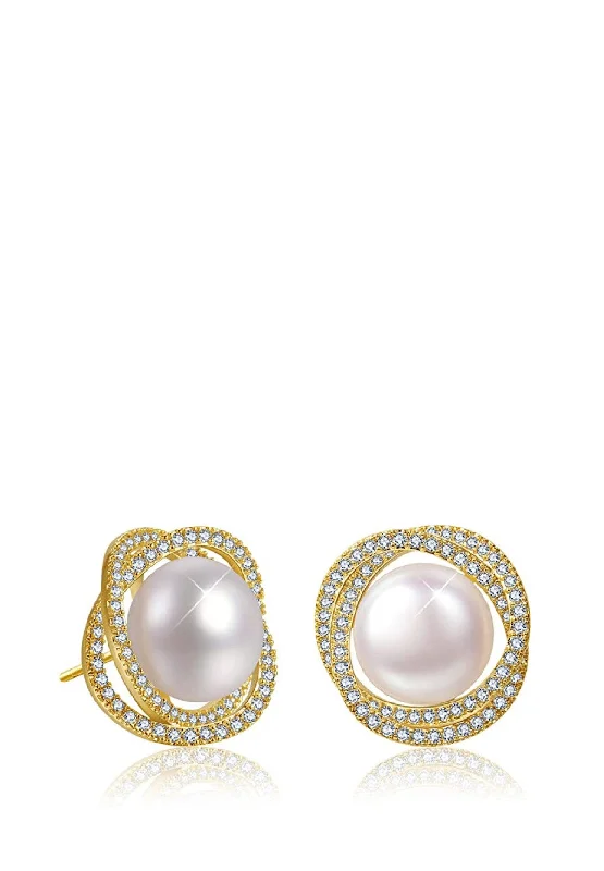 Nickel Free Stud Earrings for Safety -18k Gold Pearl & Cz Stud Earrings