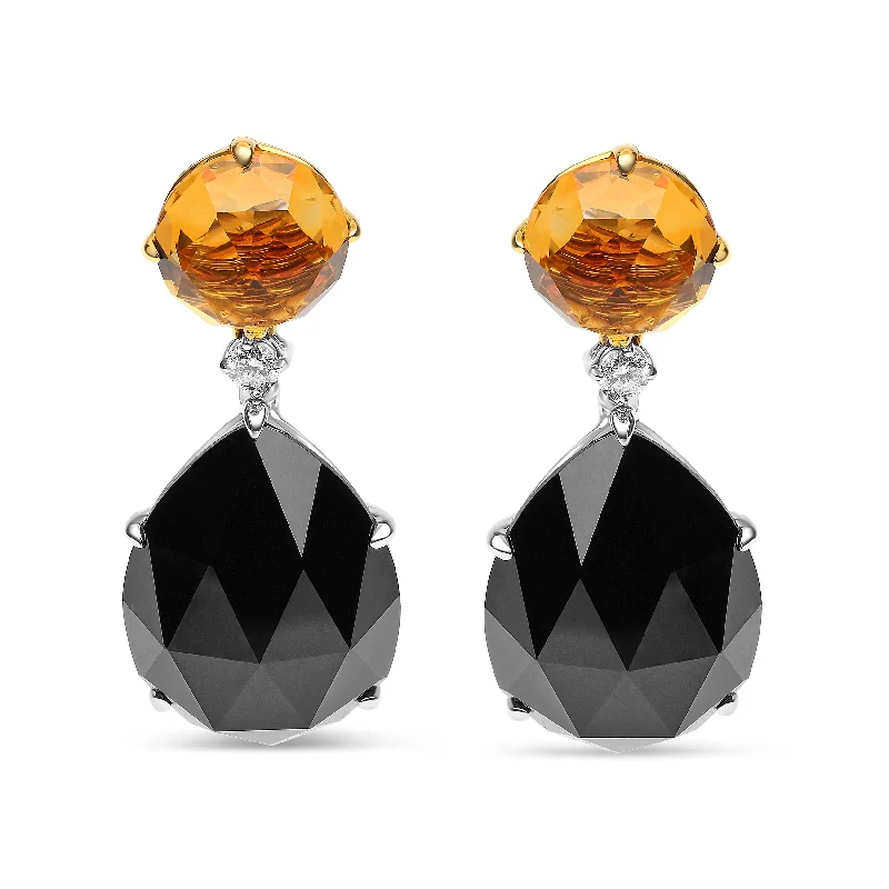 Stud Earrings with Embossed Patterns -18K White and Yellow Gold 1/5 Cttw Diamond with Round Yellow Citrine and 20x15mm Pear Cut Black Onyx Gemstone Dangle Earring