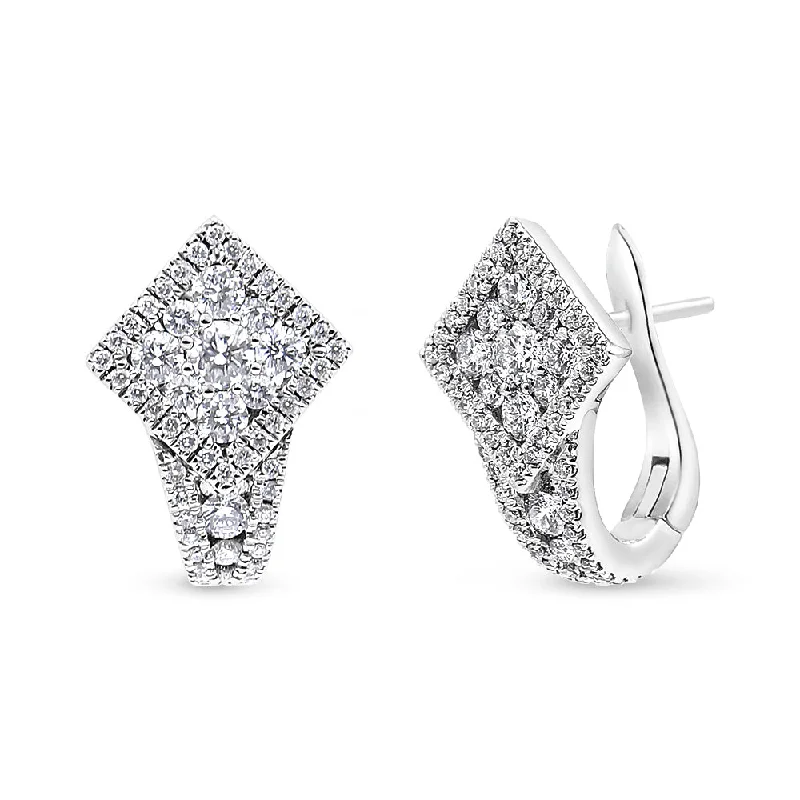 Stud Earrings for Prom Night -18K White Gold 1 1/10 Cttw Round Diamond Cluster with Halo Hoop Huggie Earring