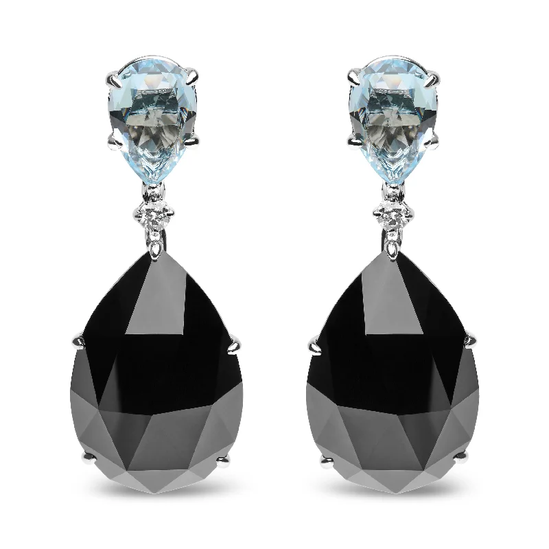 Stud Earrings for Evening Gown -18K White Gold 1/5 Cttw Diamond with Pear Cut Sky Blue Topaz and Pear-Cut Black Onyx Gemstone Dangle Earring