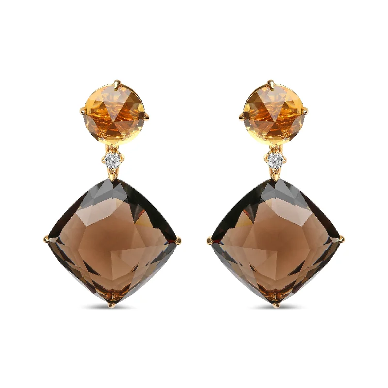 Stud Earrings for Christmas Party -18K Yellow Gold 1/5 Cttw Diamond with Round Yellow Citrine and 25mm Cushion Cut Smoky Quartz Gemstone Dangle Earring