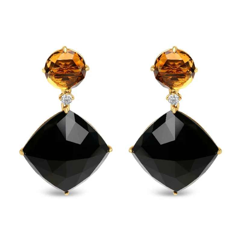 Stud Earrings for Casual Outfit -18K Yellow Gold 1/5 Cttw Diamond with Round Yellow Citrine and Cushion Cut Black Onyx Gemstone Dangle Earring