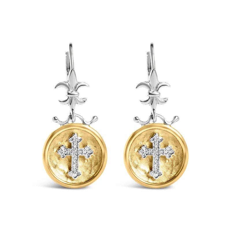 Stud Earrings for Valentine's Day -18K Yellow Gold Plated .925 Sterling Silver 1/8 Cttw Diamond Hammered Finished Medallion with Cross Drop and Dangle Earrings