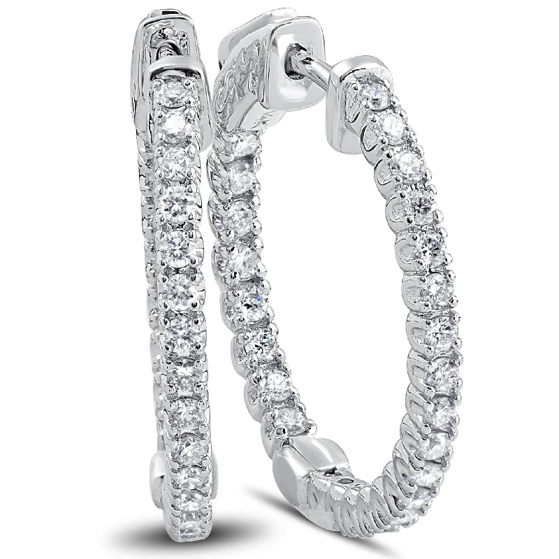 Stud Earrings with Rhinestones -1ct Diamond Inside Outside Hoops With Vault Lock 1" Tall 14k White Gold