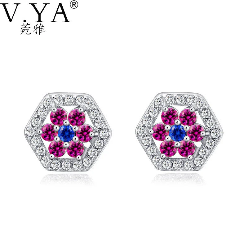 Floral Stud Earrings with Petals -Luxury Red Crystal Stud Earrings 925 silver Earring Synthetic Hexagon Cubic Zircon