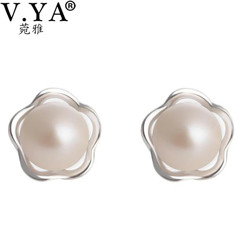 Round Stud Earrings for Classic -V.YA Natural Freshwater Pearl Stud earrings For Women 100% 925 Sterling Silver