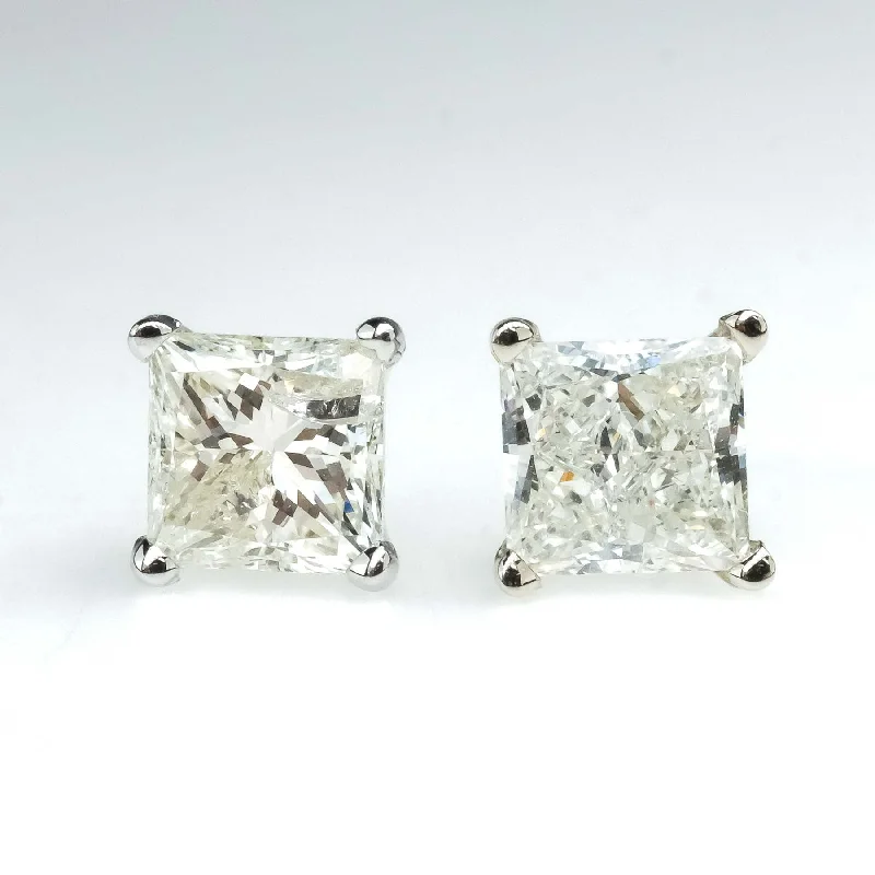 Large Stud Earrings for Statement -2.05ctw Princess Cut Diamond Solitaire Stud Earrings in 14K White Gold