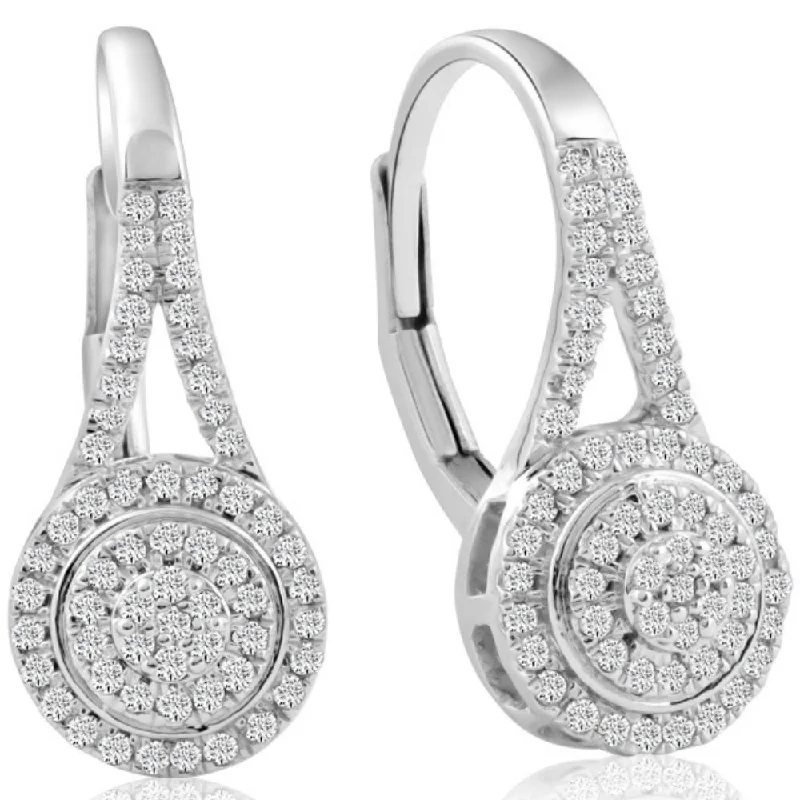 Triangular Stud Earrings for Edge -3/8Ct Halo Diamond Hoops With Lever Backs in White or Yellow Gold 18mm Tall