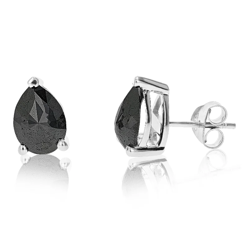 Bohemian Stud Earrings with Tassels -3 cttw Pear Shape Black Diamond Stud Earrings .925 Sterling Silver Prong Set