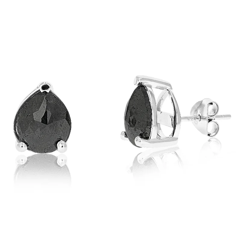 Contemporary Stud Earrings for Fashion -4 cttw Pear Shape Black Diamond Stud Earrings .925 Sterling Silver Prong Set