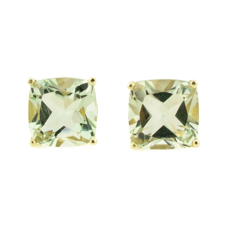 Multi Stud Earrings with Chains -6.72ctw Cushion Cut Green Amethyst Stud Earrings in 14K Yellow Gold