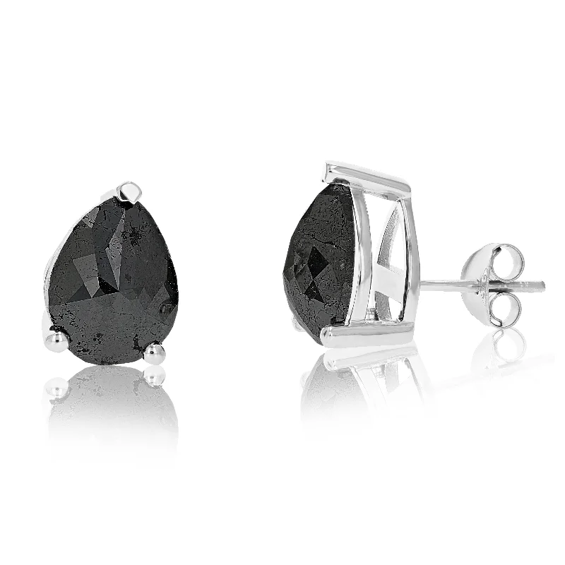 Floral Stud Earrings with Petals -7 cttw Pear Shape Black Diamond Stud Earrings .925 Sterling Silver Prong Set