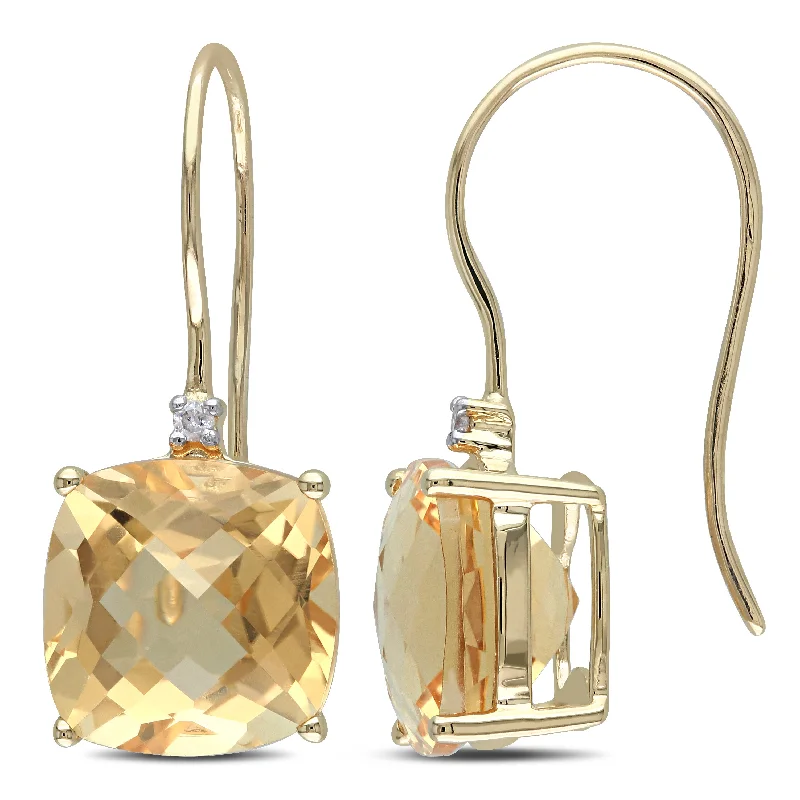 Stud Earrings for Office Wear -8 CT TGW Cushion Cut Checkerboard Citrine Earrings with Diamonds in 10k Yellow Gold