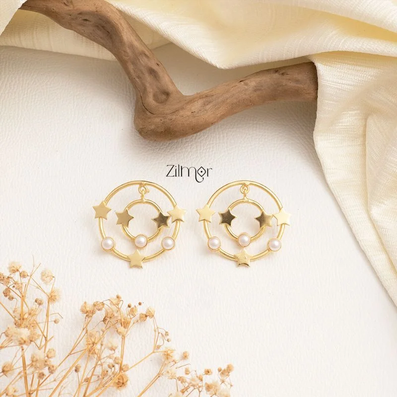 Drop Earrings for Work Attire -Gold Circle shaped Stars With Pearl Earrings - AS100711