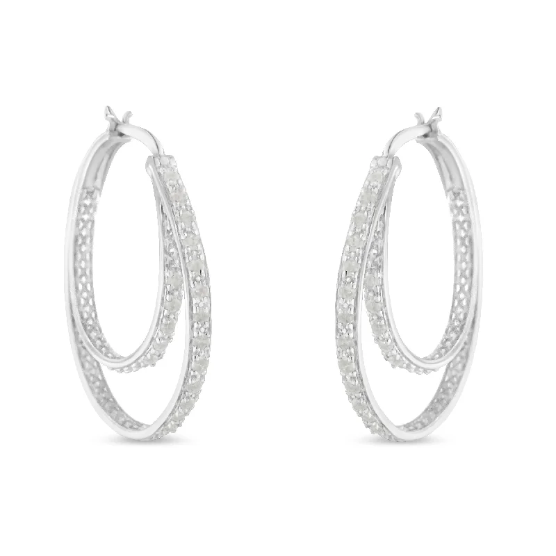 Stud Earrings for Anniversary -.925 Sterling Silver 1/2 cttw Miracle-Set Diamond Double Hoop with Latchback Earrings