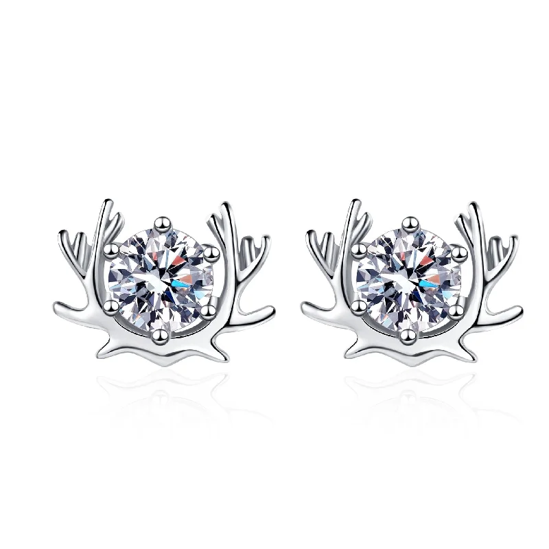 Stud Earrings with Chevron Designs -Sterling Silver Cute Moose Moissanite Stud Earrings