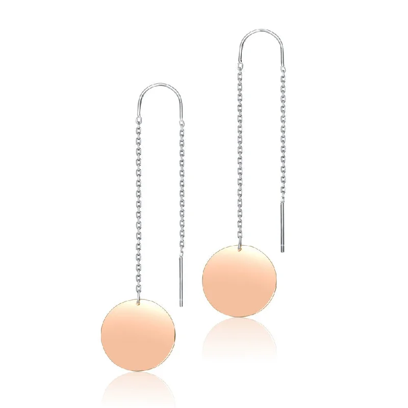 Drop Earrings with Leaf Motifs -.925 Sterling Silver with Round Rose Gold Plated Dangling Earrings